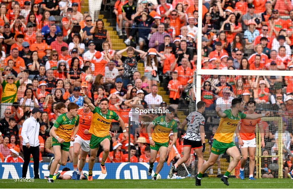 10 May 2025; Hugh McFadden of Donegal, 24, celebrates after scoring his side's first goal during the Ulster GAA Football Senior Championship final match between Armagh and Donegal at St Tiernach's Park in Clones, Monaghan. Photo by Ramsey Cardy/Sportsfile