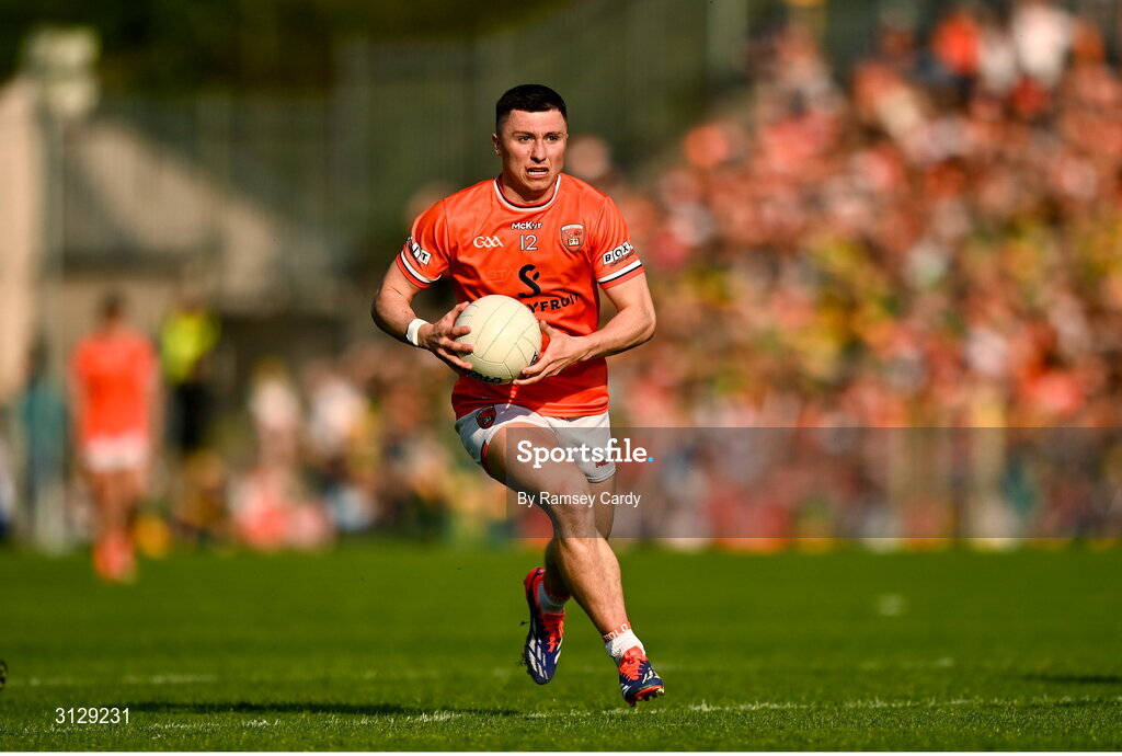 10 May 2025; Oisin Conaty of Armagh during the Ulster GAA Football Senior Championship final match between Armagh and Donegal at St Tiernach's Park in Clones, Monaghan. Photo by Ramsey Cardy/Sportsfile