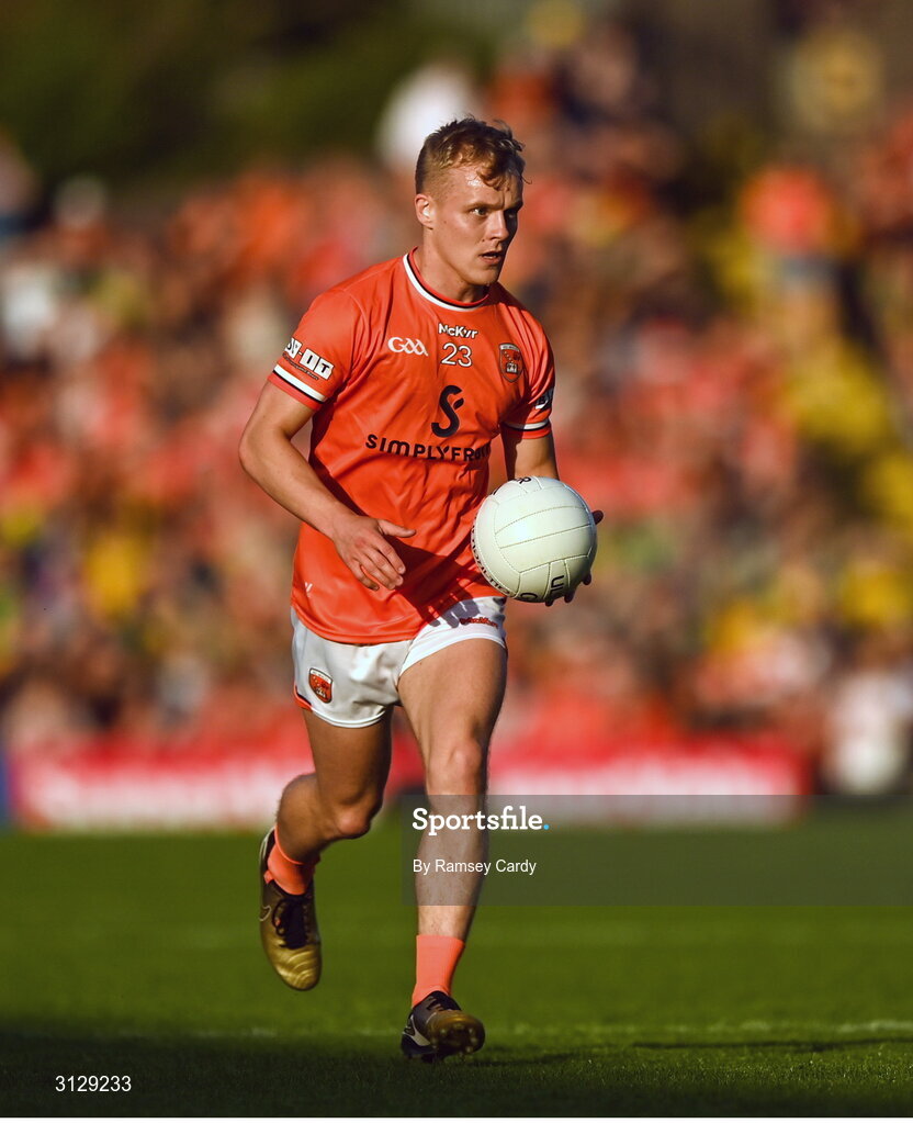 10 May 2025; Cian McConville of Armagh during the Ulster GAA Football Senior Championship final match between Armagh and Donegal at St Tiernach's Park in Clones, Monaghan. Photo by Ramsey Cardy/Sportsfile