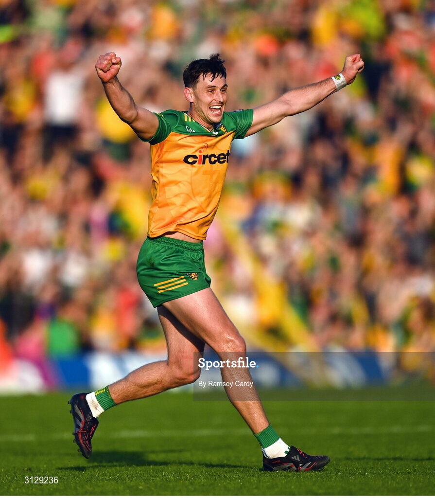 10 May 2025; Michael Langan of Donegal celebrates after the Ulster GAA Football Senior Championship final match between Armagh and Donegal at St Tiernach's Park in Clones, Monaghan. Photo by Ramsey Cardy/Sportsfile