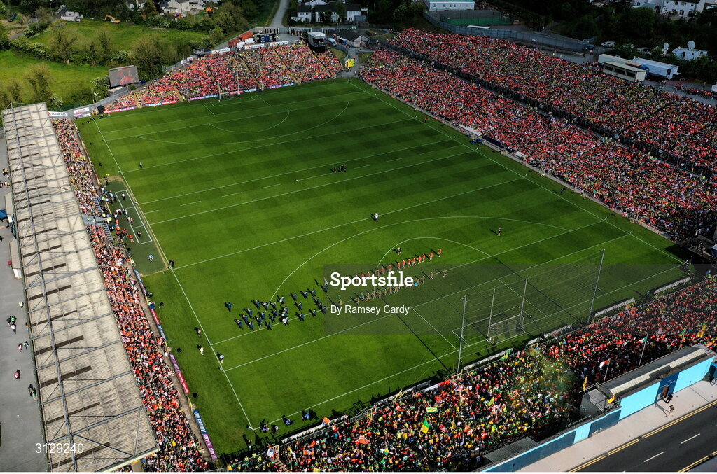 10 May 2025; A general view of the pre-match parade before the Ulster GAA Football Senior Championship final match between Armagh and Donegal at St Tiernach's Park in Clones, Monaghan. Photo by Ramsey Cardy/Sportsfile