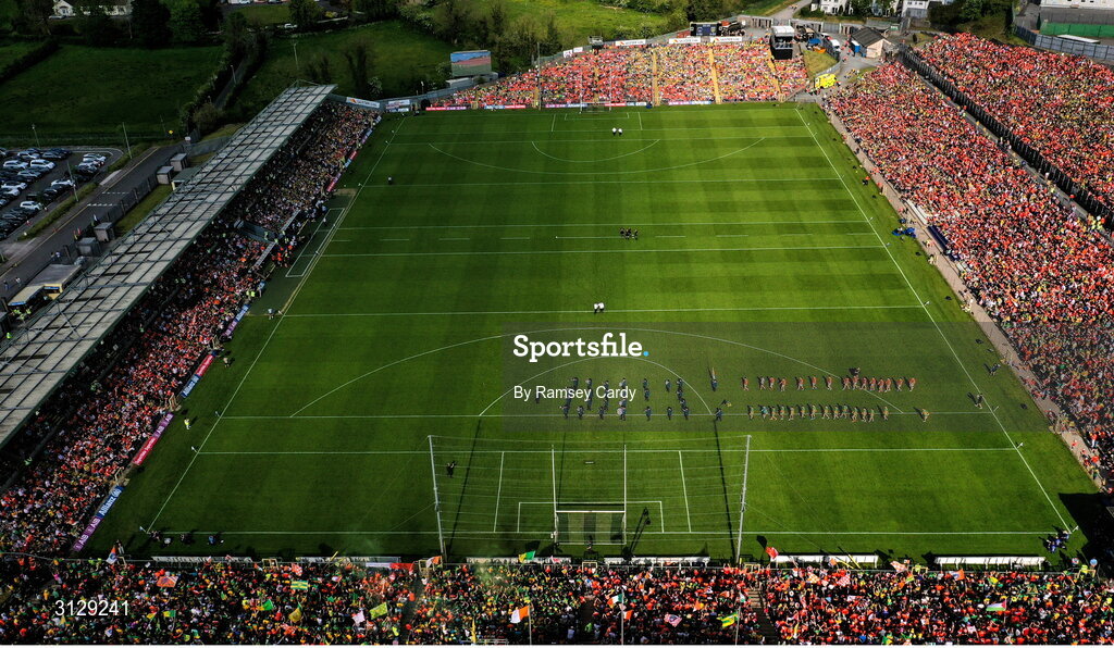 10 May 2025; A general view of the pre-match parade before the Ulster GAA Football Senior Championship final match between Armagh and Donegal at St Tiernach's Park in Clones, Monaghan. Photo by Ramsey Cardy/Sportsfile