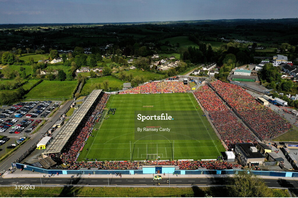 10 May 2025; The Armagh and Donegal teams during the playing of the National Anthem before the Ulster GAA Football Senior Championship final match between Armagh and Donegal at St Tiernach's Park in Clones, Monaghan. Photo by Ramsey Cardy/Sportsfile