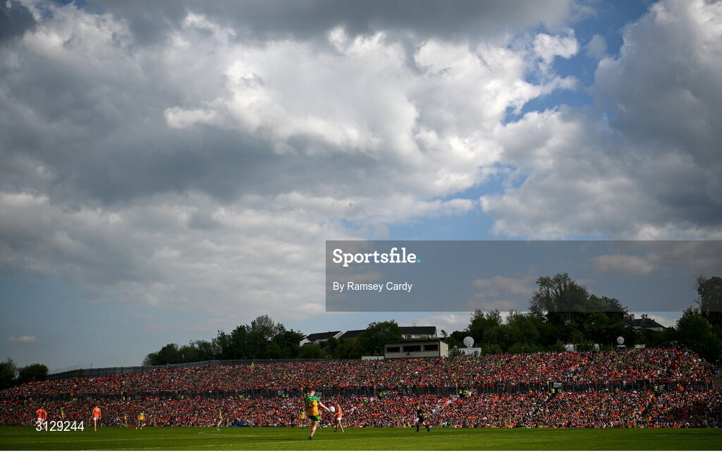 10 May 2025; A general view as Patrick McBrearty of Donegal kicks a free during the Ulster GAA Football Senior Championship final match between Armagh and Donegal at St Tiernach's Park in Clones, Monaghan. Photo by Ramsey Cardy/Sportsfile