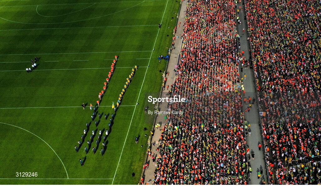 10 May 2025; A general view of the pre-match parade before the Ulster GAA Football Senior Championship final match between Armagh and Donegal at St Tiernach's Park in Clones, Monaghan. Photo by Ramsey Cardy/Sportsfile