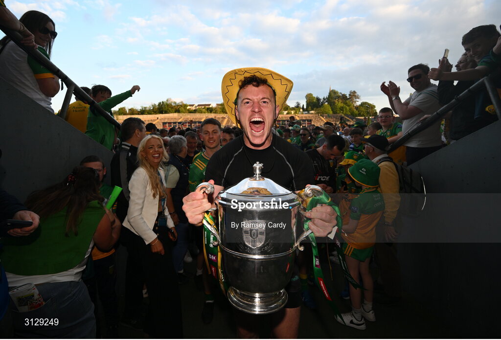 10 May 2025; Donegal goalkeeper Gavin Mulreany lifts the Anglo-Celt Cup after the Ulster GAA Football Senior Championship final match between Armagh and Donegal at St Tiernach's Park in Clones, Monaghan. Photo by Ramsey Cardy/Sportsfile