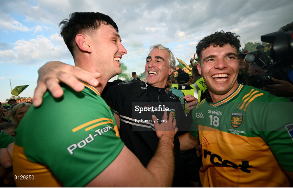 10 May 2025; Donegal manager Jim McGuinness, centre, celebrates with Michael Langan and Odhran McFadden Ferry after the Ulster GAA Football Senior Championship final match between Armagh and Donegal at St Tiernach's Park in Clones, Monaghan. Photo by Ramsey Cardy/Sportsfile