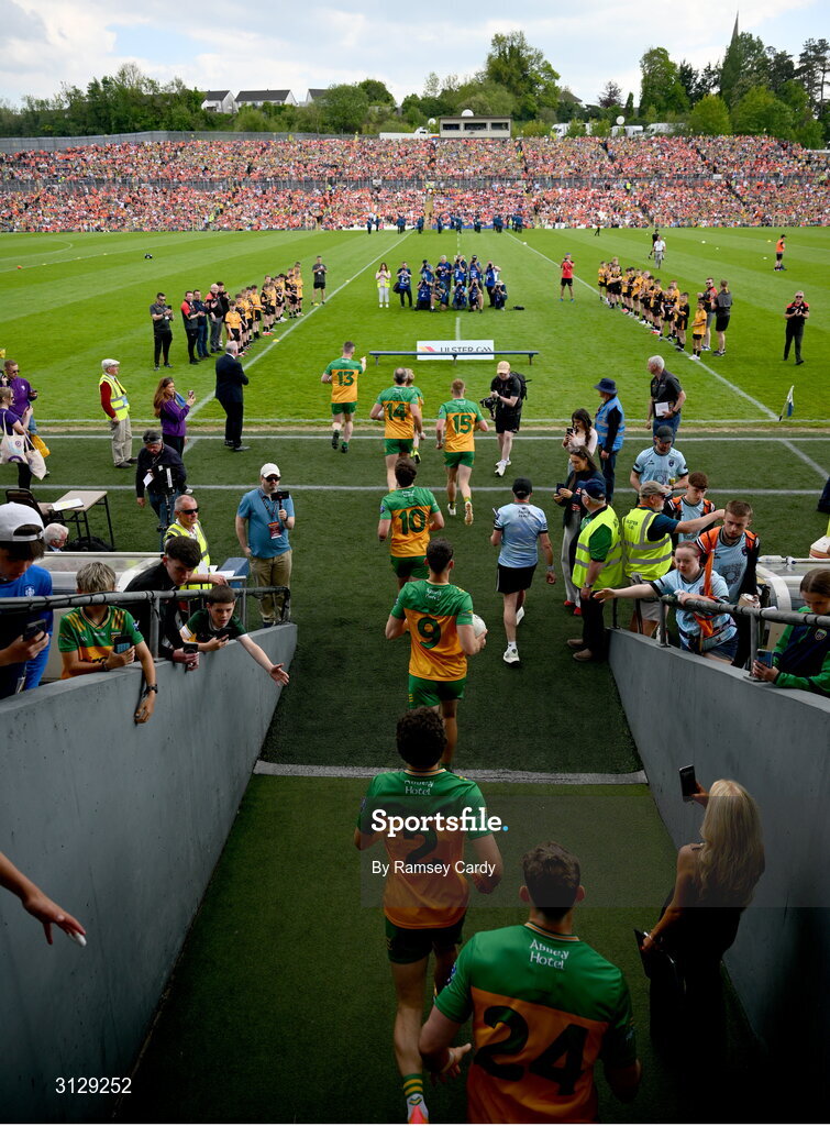10 May 2025; The Donegal team run out before the Ulster GAA Football Senior Championship final match between Armagh and Donegal at St Tiernach's Park in Clones, Monaghan. Photo by Ramsey Cardy/Sportsfile
