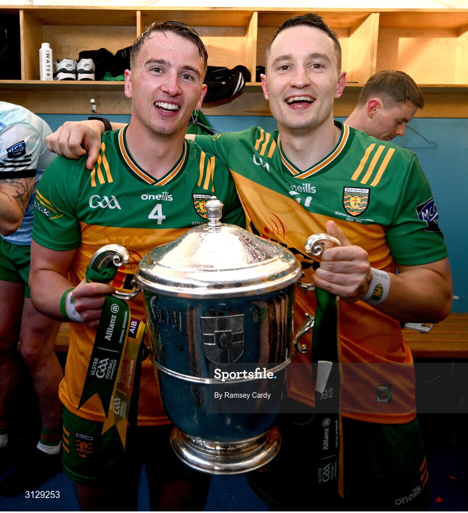 10 May 2025; Peadar Mogan, left, and Eoin McHugh of Donegal with the Anglo-Celt Cup after the Ulster GAA Football Senior Championship final match between Armagh and Donegal at St Tiernach's Park in Clones, Monaghan. Photo by Ramsey Cardy/Sportsfile