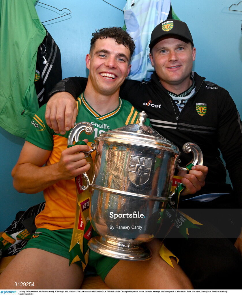 10 May 2025; Odhran McFadden Ferry of Donegal and selector Neil McGee after the Ulster GAA Football Senior Championship final match between Armagh and Donegal at St Tiernach's Park in Clones, Monaghan. Photo by Ramsey Cardy/Sportsfile