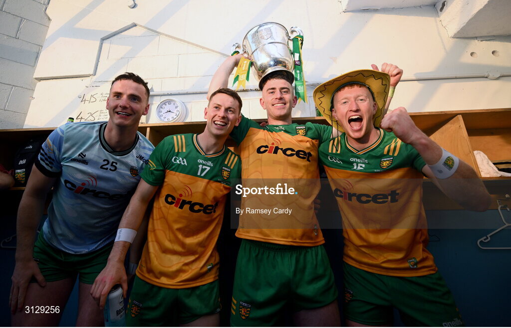 10 May 2025; Donegal players celebrate with the Anglo-Calt Cup after the Ulster GAA Football Senior Championship final match between Armagh and Donegal at St Tiernach's Park in Clones, Monaghan. Photo by Ramsey Cardy/Sportsfile