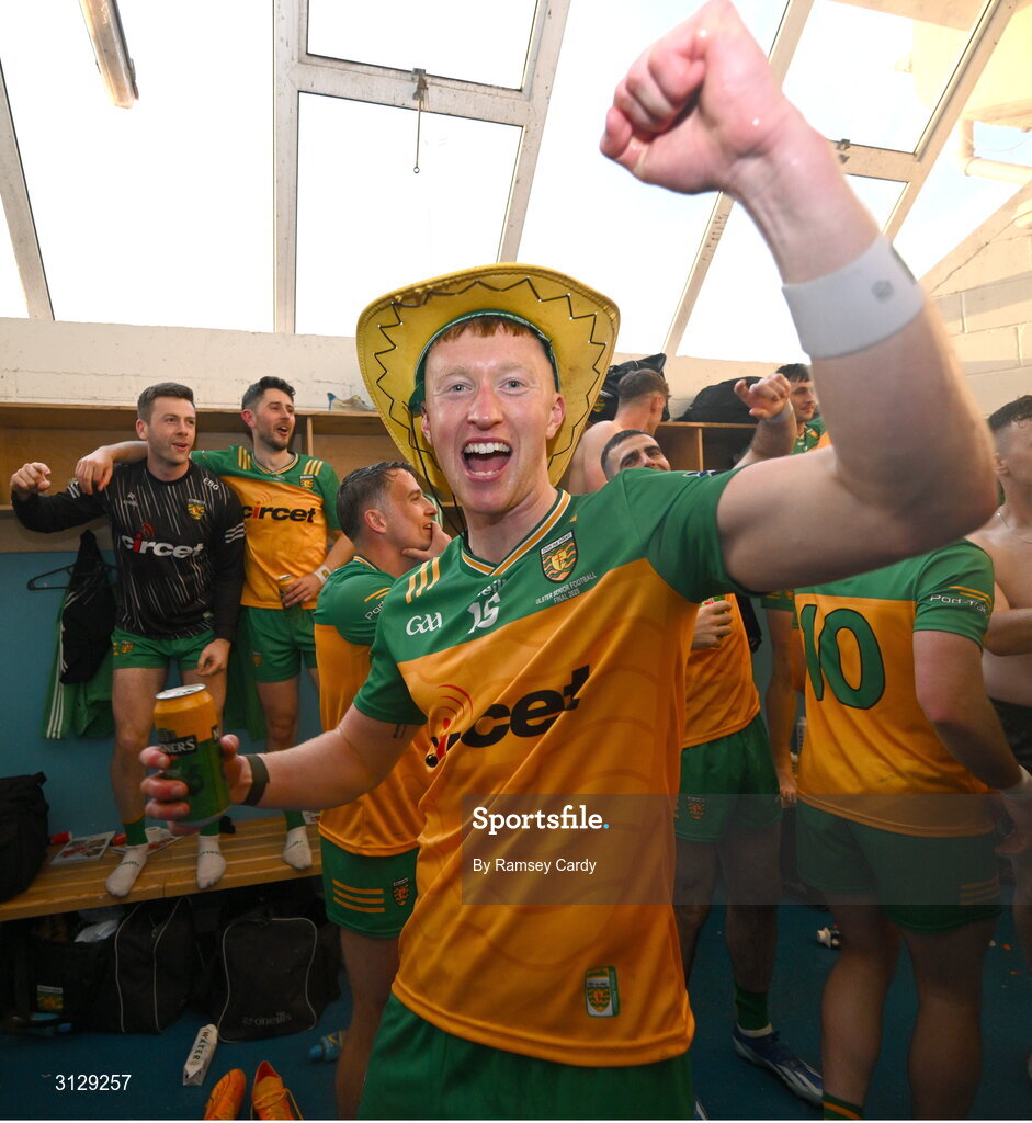 10 May 2025; Oisin Gallen of Donegal celebrates after the Ulster GAA Football Senior Championship final match between Armagh and Donegal at St Tiernach's Park in Clones, Monaghan. Photo by Ramsey Cardy/Sportsfile