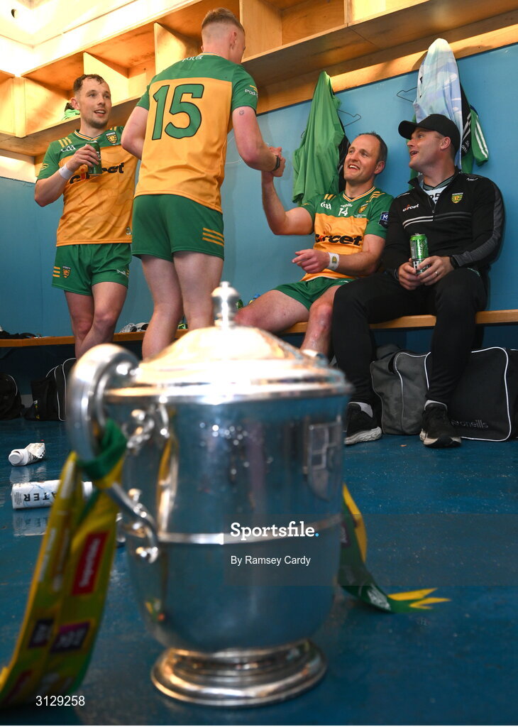 10 May 2025; Donegal players relax in the dressing room with the Anglo-Celt Cup after the Ulster GAA Football Senior Championship final match between Armagh and Donegal at St Tiernach's Park in Clones, Monaghan. Photo by Ramsey Cardy/Sportsfile