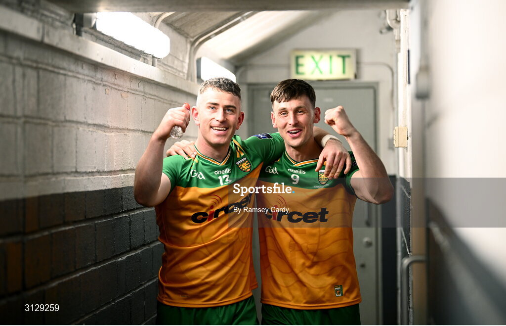 10 May 2025; Patrick McBrearty, left, and Michael Langan of Donegal celebrate after the Ulster GAA Football Senior Championship final match between Armagh and Donegal at St Tiernach's Park in Clones, Monaghan. Photo by Ramsey Cardy/Sportsfile