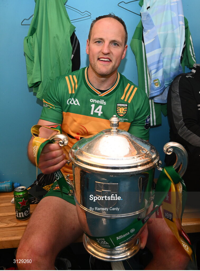 10 May 2025; Michael Murphy of Donegal with the Anglo-Celt Cup after the Ulster GAA Football Senior Championship final match between Armagh and Donegal at St Tiernach's Park in Clones, Monaghan. Photo by Ramsey Cardy/Sportsfile