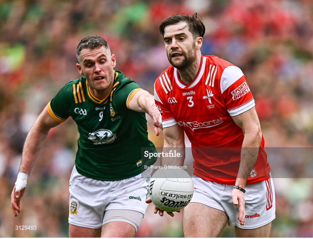 11 May 2025; Dermot Campbell of Louth in action against Bryan Menton of Meath during the Leinster GAA Football Senior Championship final match between Louth and Meath at Croke Park in Dublin. Photo by Piaras Ó Mídheach/Sportsfile