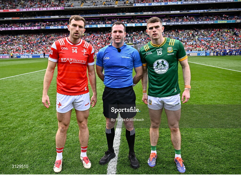 11 May 2025; Referee Martin McNally with team captains Sam Mulroy of Louth and Eoghan Frayne of Meath before the Leinster GAA Football Senior Championship final match between Louth and Meath at Croke Park in Dublin. Photo by Piaras Ó Mídheach/Sportsfile