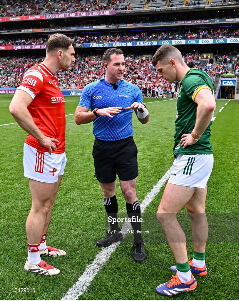 11 May 2025; Referee Martin McNally with team captains Sam Mulroy of Louth and Eoghan Frayne of Meath before the Leinster GAA Football Senior Championship final match between Louth and Meath at Croke Park in Dublin. Photo by Piaras Ó Mídheach/Sportsfile