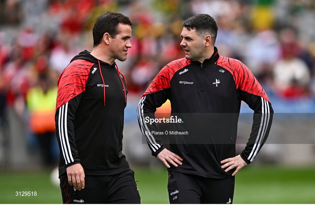 11 May 2025; Louth manager Ger Brennan, left, with Josh Warde before the Leinster GAA Football Senior Championship final match between Louth and Meath at Croke Park in Dublin. Photo by Piaras Ó Mídheach/Sportsfile