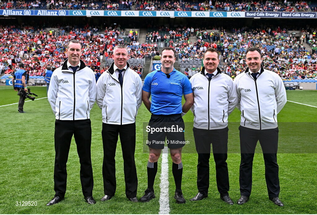 11 May 2025; Referee Martin McNally with his umpires before the Leinster GAA Football Senior Championship final match between Louth and Meath at Croke Park in Dublin. Photo by Piaras Ó Mídheach/Sportsfile