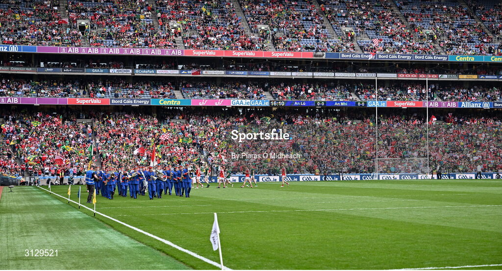 11 May 2025; The Artane Band leads the pre-match parade before the Leinster GAA Football Senior Championship final match between Louth and Meath at Croke Park in Dublin. Photo by Piaras Ó Mídheach/Sportsfile