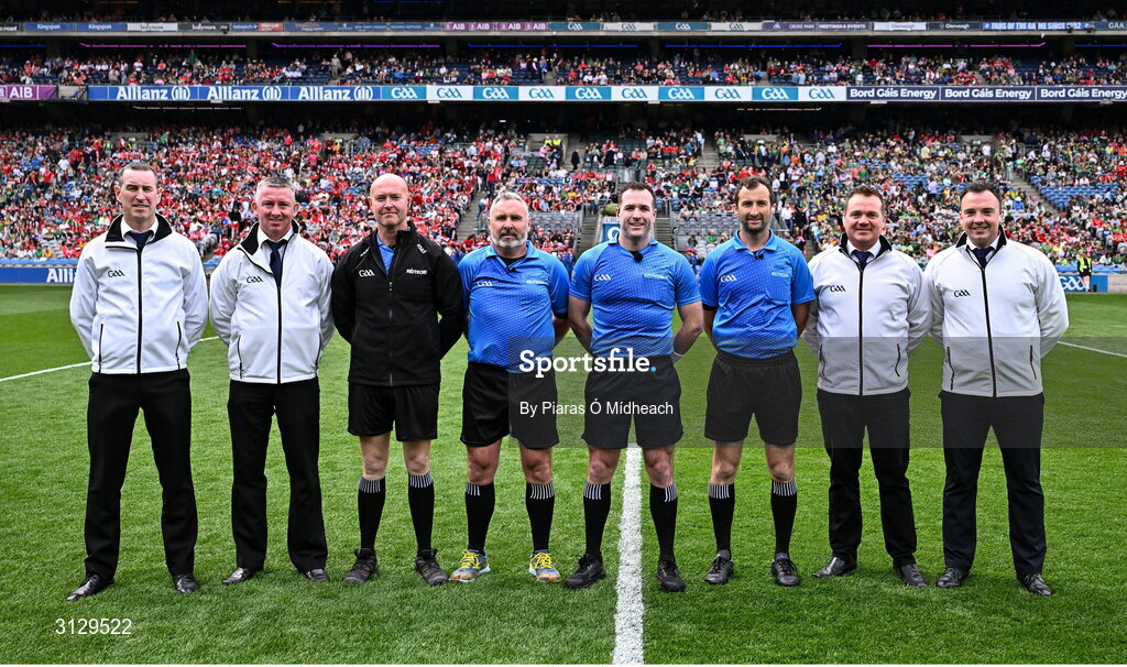 11 May 2025; Referee Martin McNally with his match officials before the Leinster GAA Football Senior Championship final match between Louth and Meath at Croke Park in Dublin. Photo by Piaras Ó Mídheach/Sportsfile