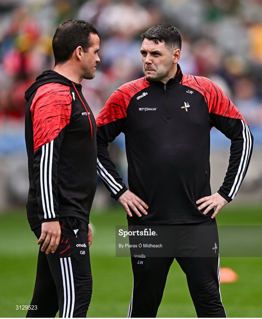 11 May 2025; Louth manager Ger Brennan, left, with Josh Warde before the Leinster GAA Football Senior Championship final match between Louth and Meath at Croke Park in Dublin. Photo by Piaras Ó Mídheach/Sportsfile