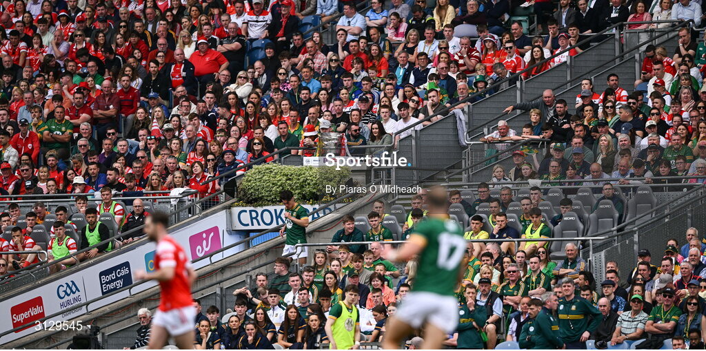 11 May 2025; The Delaney Cup on display in the Hogan Stand before the Leinster GAA Football Senior Championship final match between Louth and Meath at Croke Park in Dublin. Photo by Piaras Ó Mídheach/Sportsfile