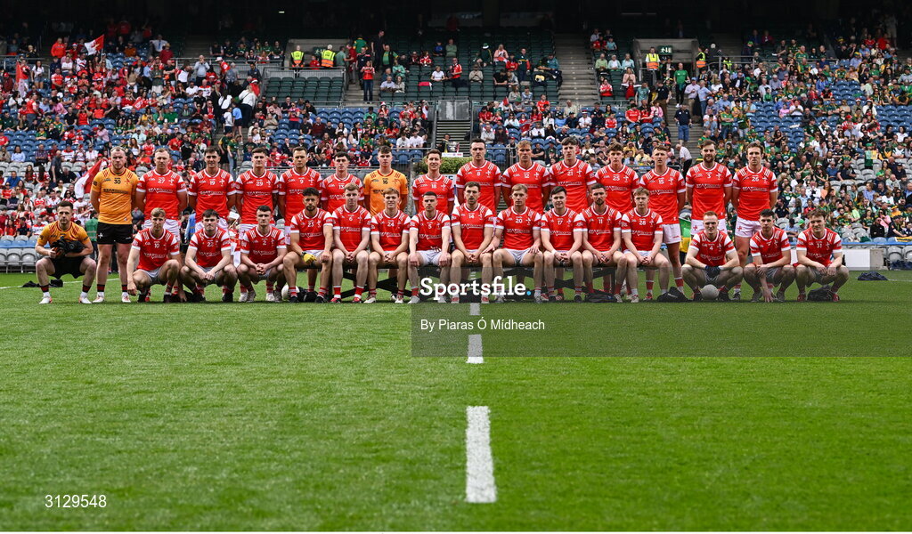 11 May 2025; The Louth squad before the Leinster GAA Football Senior Championship final match between Louth and Meath at Croke Park in Dublin. Photo by Piaras Ó Mídheach/Sportsfile