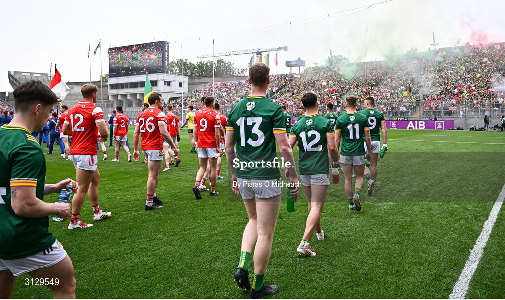 11 May 2025; Supporters on Hill 16 as the players march in the parade before the Leinster GAA Football Senior Championship final match between Louth and Meath at Croke Park in Dublin. Photo by Piaras Ó Mídheach/Sportsfile