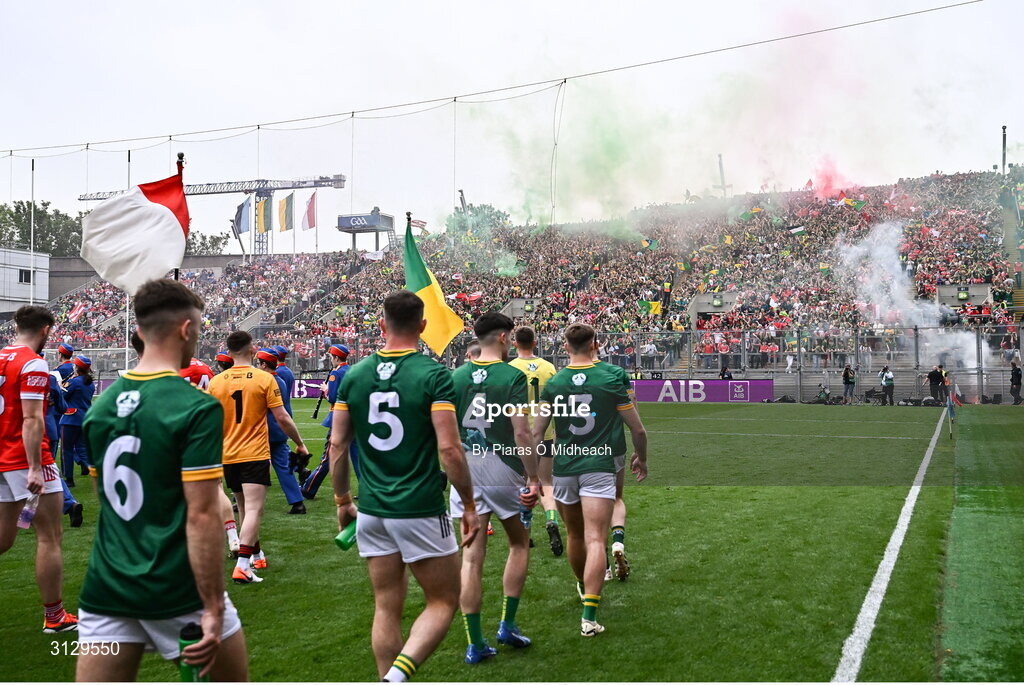 11 May 2025; Supporters on Hill 16 as the players march in the parade before the Leinster GAA Football Senior Championship final match between Louth and Meath at Croke Park in Dublin. Photo by Piaras Ó Mídheach/Sportsfile