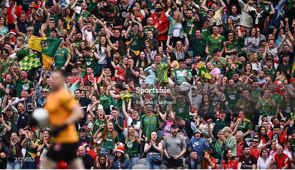 11 May 2025; Meath supporters celebrate after their side's first goal, scored by Mathew Costello, during the Leinster GAA Football Senior Championship final match between Louth and Meath at Croke Park in Dublin. Photo by Piaras Ó Mídheach/Sportsfile