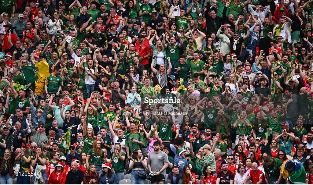 11 May 2025; Meath supporters celebrate after their side's first goal, scored by Mathew Costello, during the Leinster GAA Football Senior Championship final match between Louth and Meath at Croke Park in Dublin. Photo by Piaras Ó Mídheach/Sportsfile