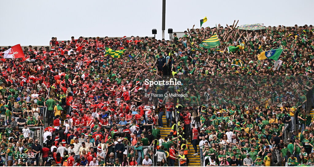 11 May 2025; Supporters on Hill 16 before the Leinster GAA Football Senior Championship final match between Louth and Meath at Croke Park in Dublin. Photo by Piaras Ó Mídheach/Sportsfile