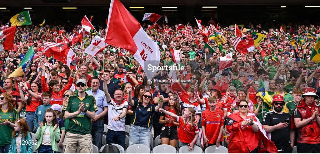 11 May 2025; Supporters before the Leinster GAA Football Senior Championship final match between Louth and Meath at Croke Park in Dublin. Photo by Piaras Ó Mídheach/Sportsfile