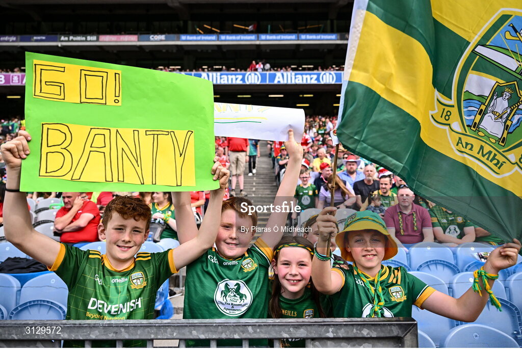 11 May 2025; Young supporters during the Leinster GAA Football Senior Championship final match between Louth and Meath at Croke Park in Dublin. Photo by Piaras Ó Mídheach/Sportsfile