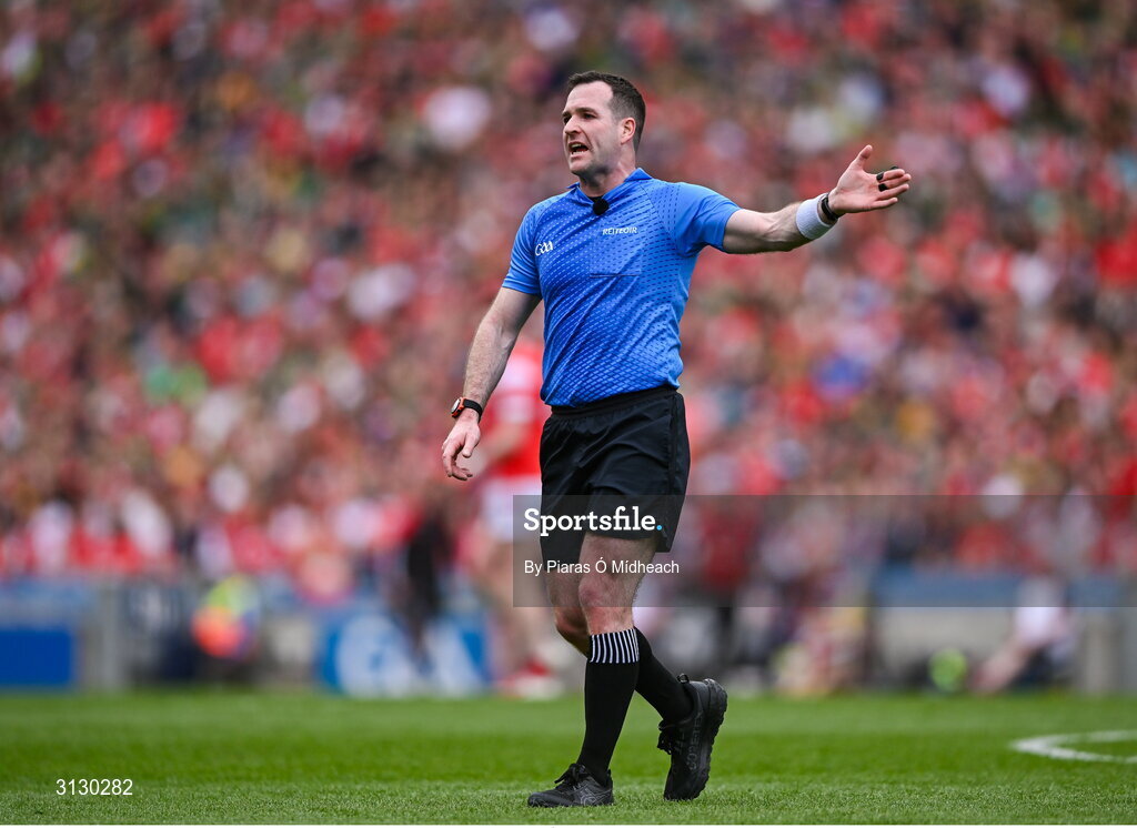 11 May 2025; Referee Martin McNally during the Leinster GAA Football Senior Championship final match between Louth and Meath at Croke Park in Dublin. Photo by Piaras Ó Mídheach/Sportsfile