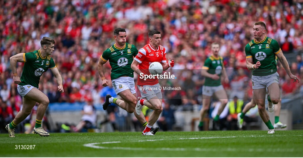 11 May 2025; Conall McKeever of Louth in action against Meath players, from left, Seán Rafferty, Donal Keogan and Jack Flynn during the Leinster GAA Football Senior Championship final match between Louth and Meath at Croke Park in Dublin. Photo by Piaras Ó Mídheach/Sportsfile