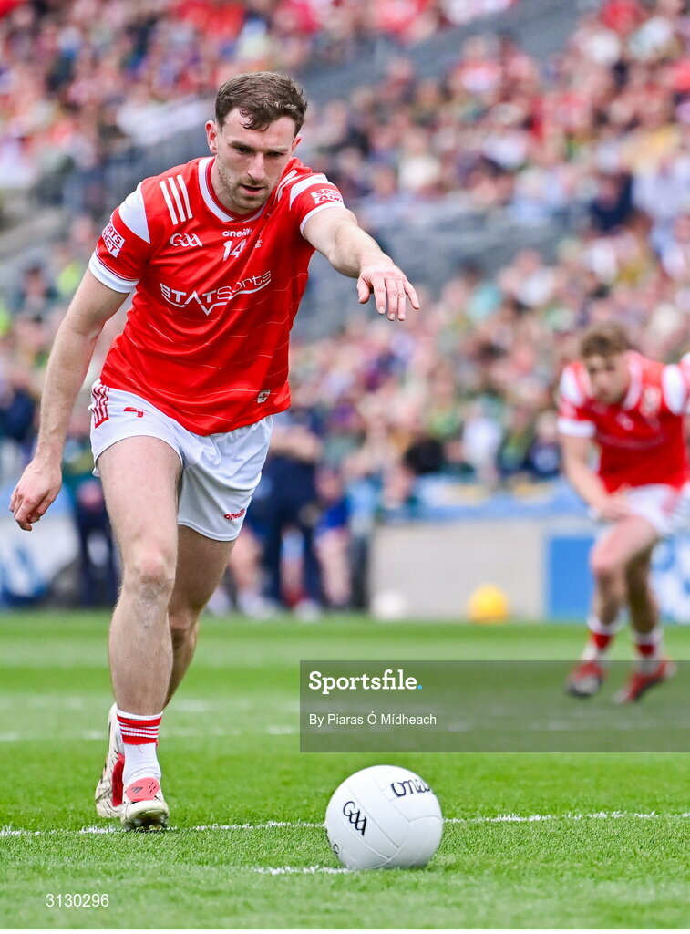 11 May 2025; Sam Mulroy of Louth scores his side's first goal, a penalty, during the Leinster GAA Football Senior Championship final match between Louth and Meath at Croke Park in Dublin. Photo by Piaras Ó Mídheach/Sportsfile