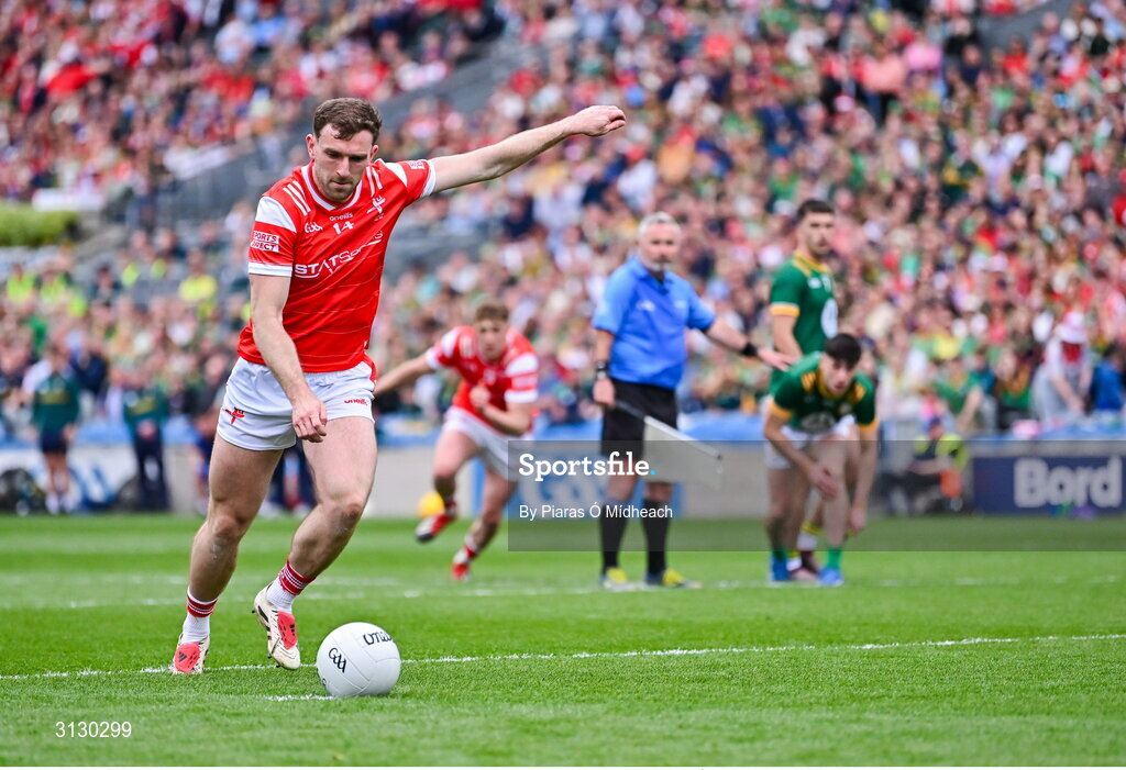 11 May 2025; Sam Mulroy of Louth scores his side's first goal, a penalty, during the Leinster GAA Football Senior Championship final match between Louth and Meath at Croke Park in Dublin. Photo by Piaras Ó Mídheach/Sportsfile