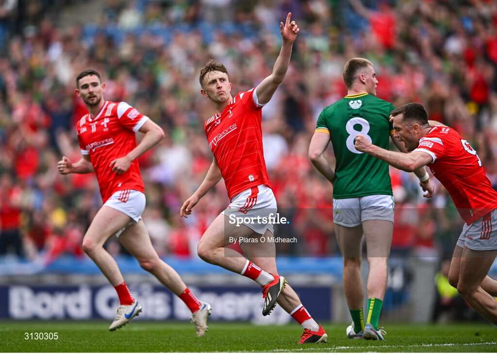 11 May 2025; Ryan Burns of Louth, 15, celebrates after scoring his side's second goal during the Leinster GAA Football Senior Championship final match between Louth and Meath at Croke Park in Dublin. Photo by Piaras Ó Mídheach/Sportsfile Photo by Piaras Ó Mídheach/Sportsfile