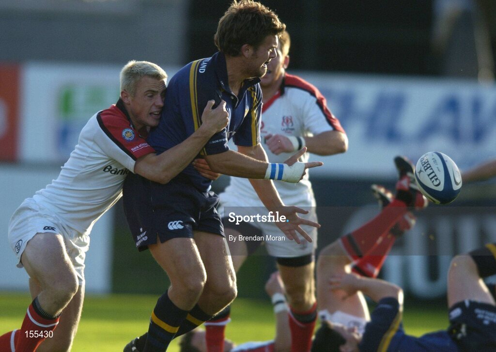 11 September 2004; John McWeeney, Leinster, in action against Tommy Bowe, Ulster. Celtic League 2004-2005, Ulster v Leinster, Ravenhill Park, Belfast. Picture credit; Brendan Moran / SPORTSFILE