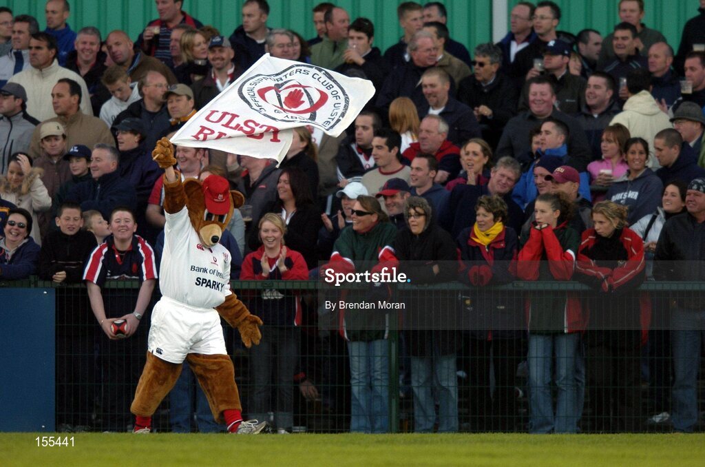11 September 2004; The Ulster rugby mascot "Sparky" leads the cheers. Celtic League 2004-2005, Ulster v Leinster, Ravenhill Park, Belfast. Picture credit; Brendan Moran / SPORTSFILE