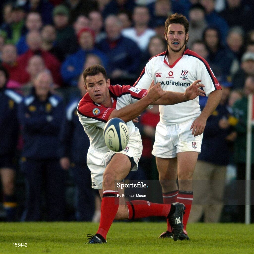 11 September 2004; Ulster captain Andy Ward gets the ball away watched by team-mate Paddy Wallace. Celtic League 2004-2005, Ulster v Leinster, Ravenhill Park, Belfast. Picture credit; Brendan Moran / SPORTSFILE