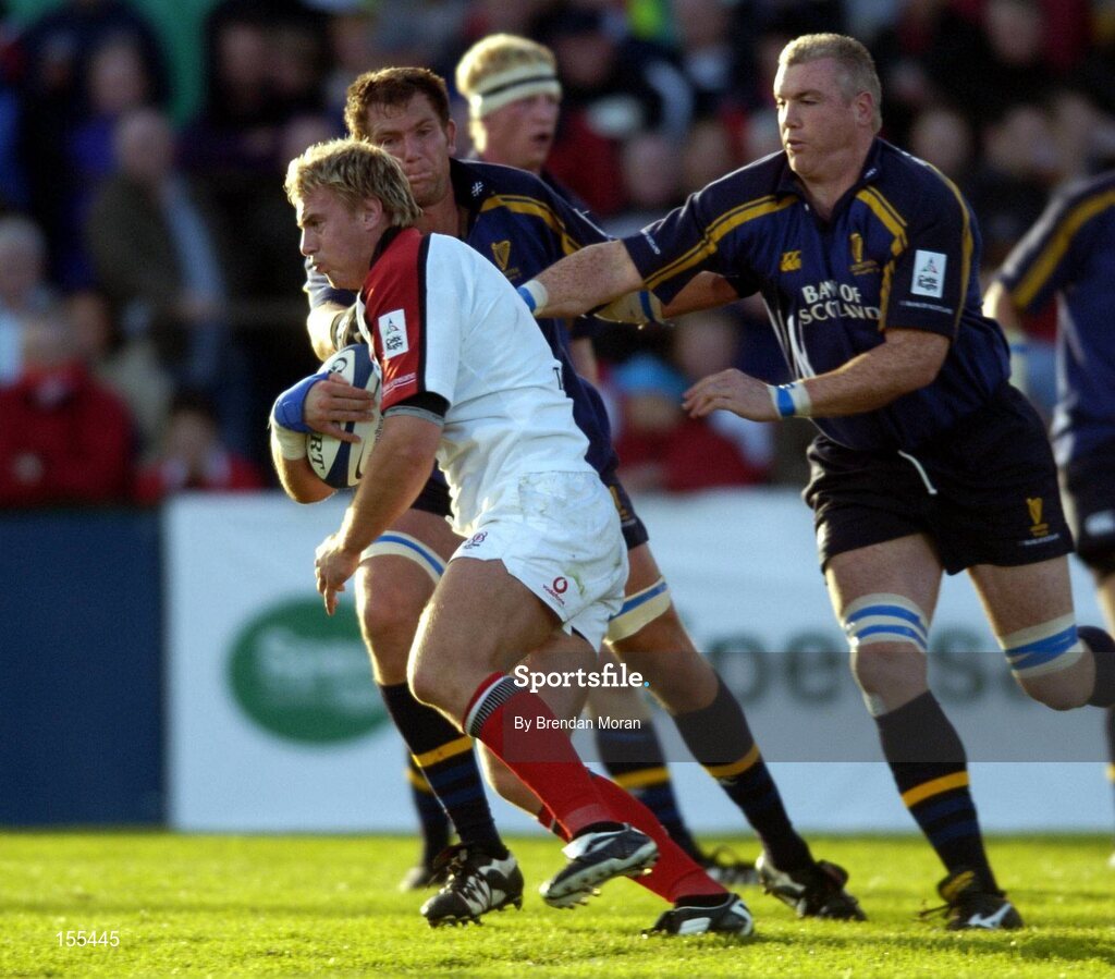 11 September 2004; Roger Wilson, Ulster, in action against Ben Gissing, left, and Victor Costello, Leinster. Celtic League 2004-2005, Ulster v Leinster, Ravenhill Park, Belfast. Picture credit; Brendan Moran / SPORTSFILE