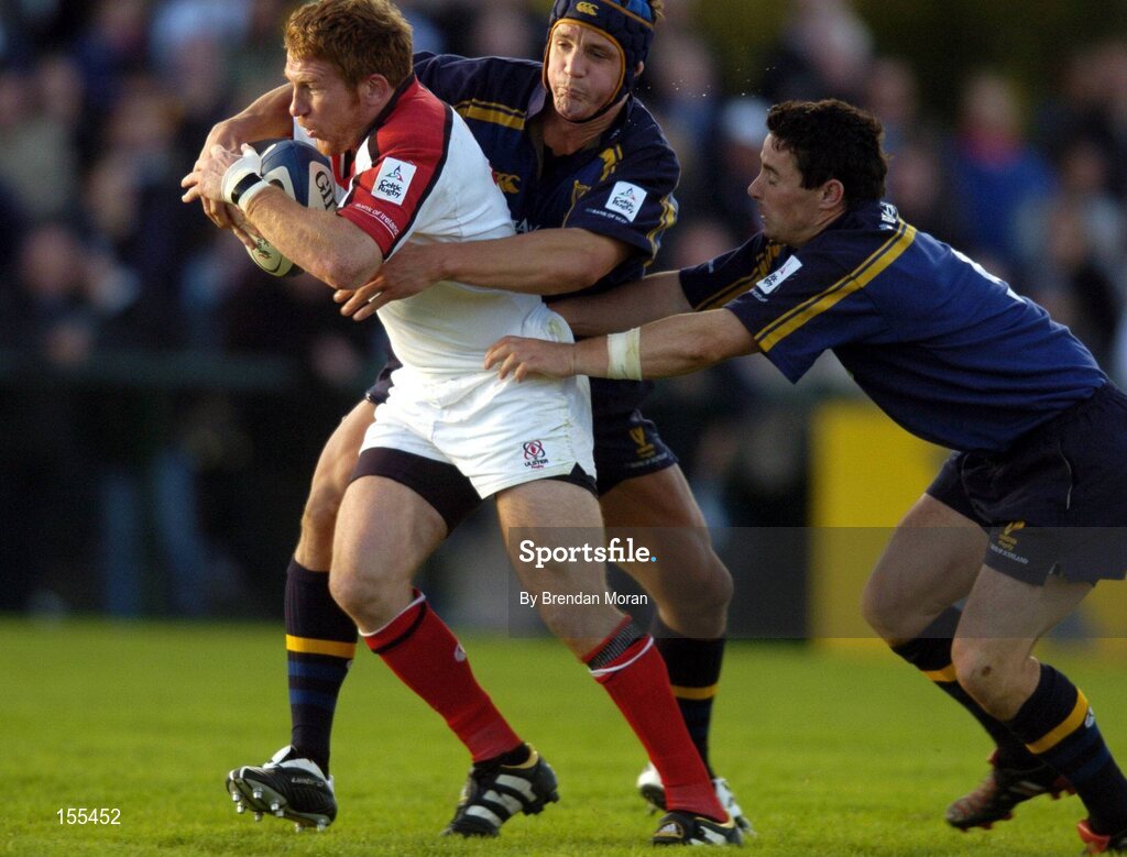 11 September 2004; Jonathan Bell, Ulster, in action against David Quinlan, and Brian O'Meara, right, Leinster. Celtic League 2004-2005, Ulster v Leinster, Ravenhill Park, Belfast. Picture credit; Brendan Moran / SPORTSFILE