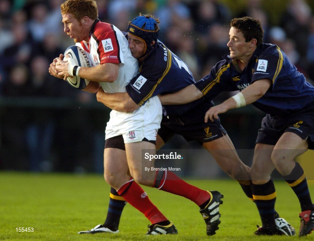 11 September 2004; Jonathan Bell, Ulster, in action against David Quinlan, and Brian O'Meara, right, Leinster. Celtic League 2004-2005, Ulster v Leinster, Ravenhill Park, Belfast. Picture credit; Brendan Moran / SPORTSFILE