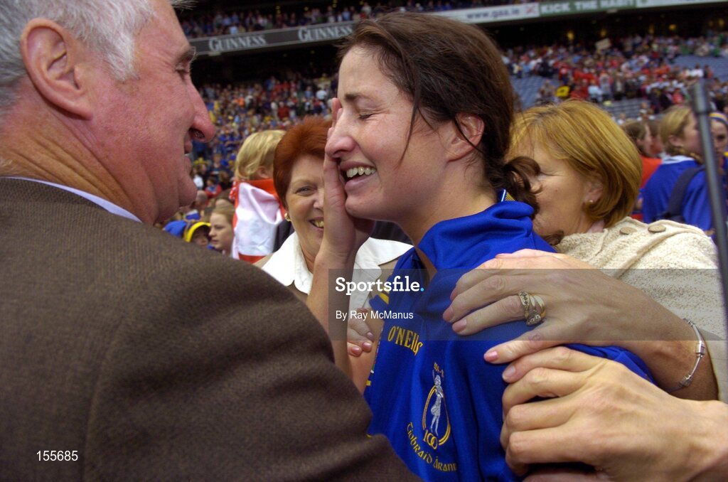 19 September 2004; Ciara Gaynor, Tipperary, with her dad Len, left, after victory over Cork. Foras na Gaeilge Senior Camogie Championship All-Ireland Final, Tipperary v Cork, Croke Park, Dublin. Picture credit; Ray McManus / SPORTSFILE