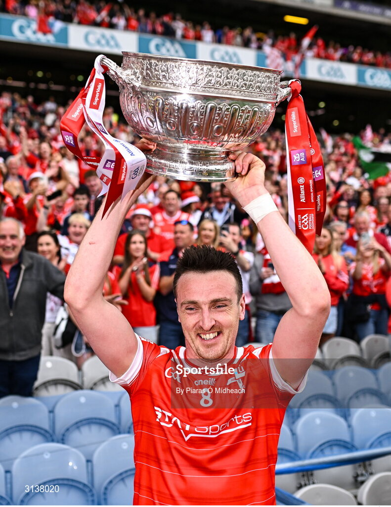 11 May 2025; Tommy Durnin of Louth celebrates with the Delaney Cup after their side's victory in the Leinster GAA Football Senior Championship final match between Louth and Meath at Croke Park in Dublin. Photo by Piaras Ó Mídheach/Sportsfile
