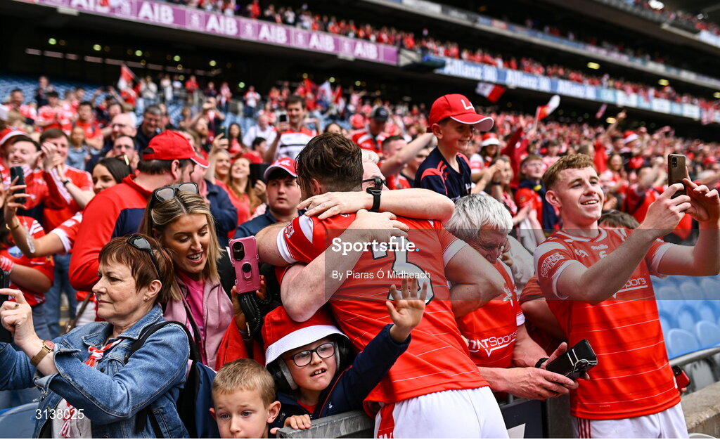 11 May 2025; Louth players Dermot Campbell, 3, and Peter Lynch with supporters after their side's victory in the Leinster GAA Football Senior Championship final match between Louth and Meath at Croke Park in Dublin. Photo by Piaras Ó Mídheach/Sportsfile